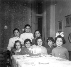 Hungary, Hegedűs Gyula street 43, Zsuzsi Beck birthday party with classmates, 1958, Róbert Róna, [object Object], [object Object], [object Object], Dokuforte #759