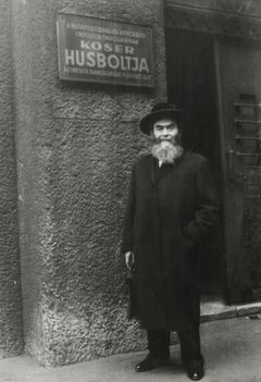Hungary, Dob street 35., Sándor Lazarovits front of the meet shop of the Orthodox Congregation, 1971, Gabi Laron, [object Object], [object Object], Dokuforte #1499