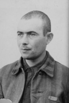 Germany, Sándor Lazarovits wearing his Dachau concentration camp clothes, as he was liberated and photographed by the Americans, 1957, Gabi Laron, [object Object], [object Object], Dokuforte #1908