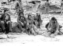 Egypt, Mount Ataka, On the ascent to Mount Ataka, a rest along the way. From right: Ilan—behind him, Strol is urinating—Dany—?-? For most of us, the standard personal weapon was still the FN Belgian rifles, 7.62mm.

With cooperation of Nadav Mann / Bitmuna, 1973, Dany Benshalom, Dany Benshalom, [object Object], [object Object], [object Object], [object Object], [object Object], [object Object], [object Object], [object Object], Dokuforte #3076