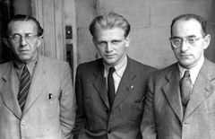 Czechoslovak Republic, In the center of the photo, Rafi Benshalom, on the left Dr. Neumann, head of the Zionist movement in Czechoslovakia.

With cooperation of Nadav Mann / Bitmuna, 1945, Dany Benshalom, Rafi Benshalom, [object Object], [object Object], [object Object], [object Object], Dokuforte #3594