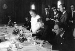 Romania, Official meal of the Israeli delegation in Romania: Rafi, Ceaușescu, Golda Meir, and Lou Kider (Golda's secretary).

With cooperation of Nadav Mann / Bitmuna, 1970, Dany Benshalom, Rafi Benshalom, [object Object], [object Object], [object Object], [object Object], Dokuforte #3641