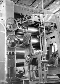 Israel, The old 'Calender machine at HaOgen' in the rubber factory at HaOgen, Yankele - Yaakov Miron.

With cooperation of Nadav Mann / Bitmuna, 1950, Dany Benshalom, Rafi Benshalom, [object Object], [object Object], [object Object], [object Object], Dokuforte #3460