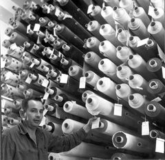 Israel, In the sheet warehouse of the HaOgen factory, Aryeh (Levinger) Lavi is seen.

With cooperation of Nadav Mann / Bitmuna, 1964, Dany Benshalom, Rafi Benshalom, [object Object], [object Object], [object Object], Dokuforte #3428