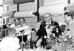 Israel, Minister of Industry Pinchas Sapir during a visit to the HaOgen factory, the hosts: Rafi Benshalom, Shlomo Rosen (Kibbutz Sarid), Moshe Ben-David.

With cooperation of Nadav Mann / Bitmuna, 1964, Dany Benshalom, Rafi Benshalom, [object Object], [object Object], [object Object], Dokuforte #3429