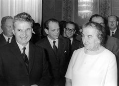Romania, On the right: Golda Meir, Rafi Benshalom, and the President of Romania, Nicolae Ceaușescu.

With cooperation of Nadav Mann / Bitmuna, 1970, Dany Benshalom, Rafi Benshalom, [object Object], [object Object], [object Object], [object Object], Dokuforte #3639